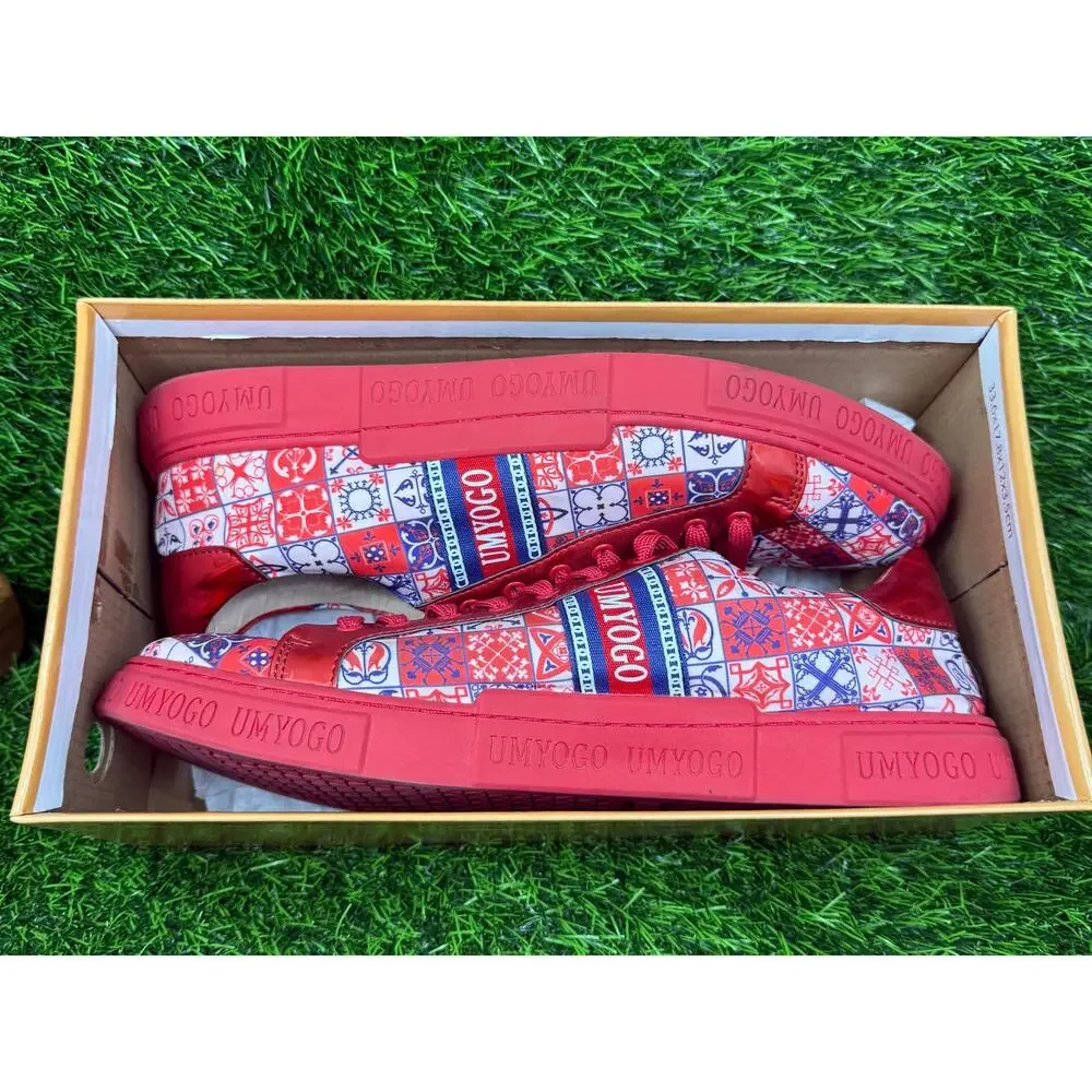 UMYOGO Mens EU 46 USA 12 Red Blue Geometric Graphic Print Low Top Sneakers